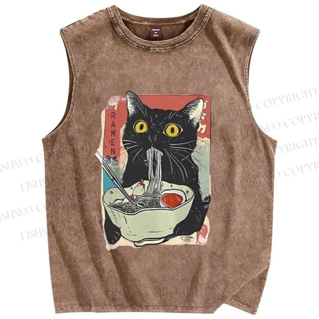Unisex Cute Cat Eating Ramen Printed Washed Tank Top