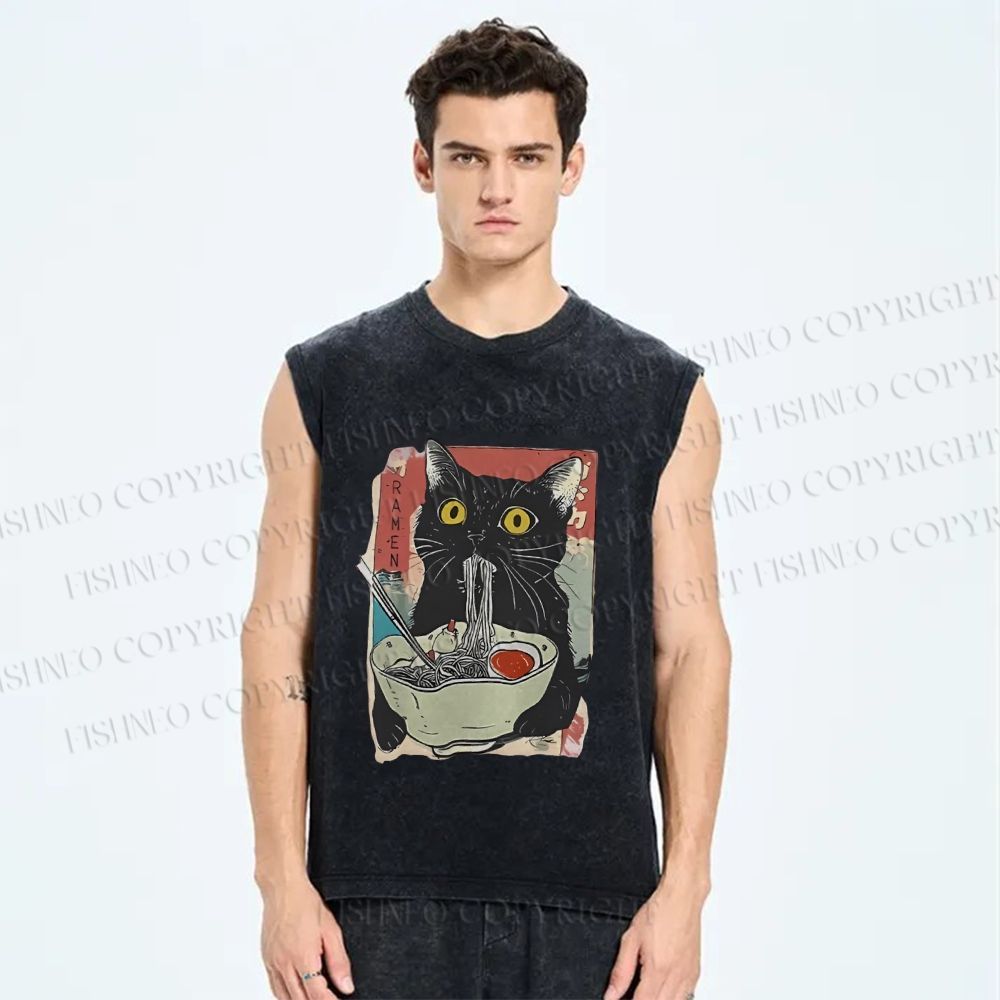 Unisex Cute Cat Eating Ramen Printed Washed Tank Top