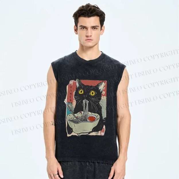 Unisex Cute Cat Eating Ramen Printed Washed Tank Top