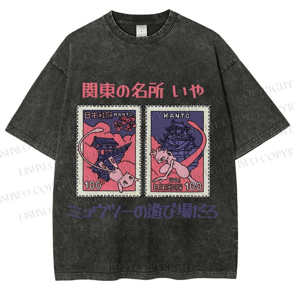 Unisex Japanese Art Stamp Printed Washed Tee