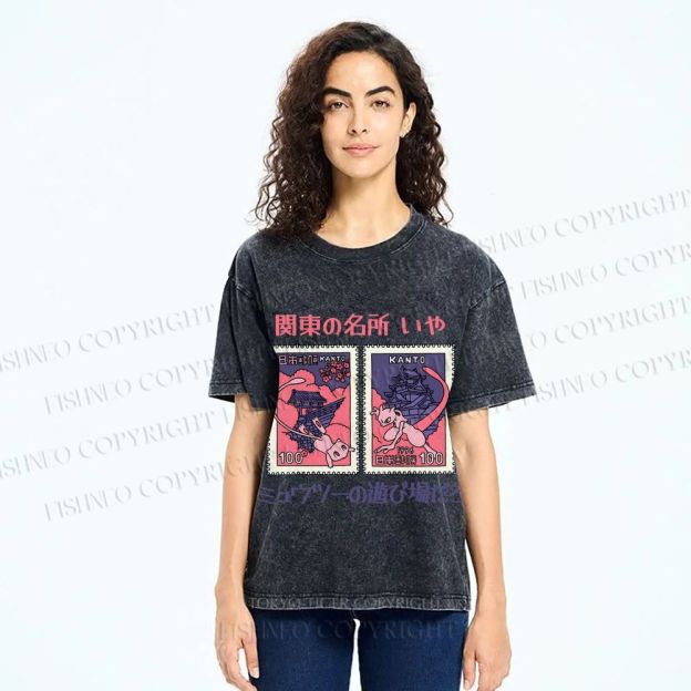 Unisex Japanese Art Stamp Printed Washed Tee