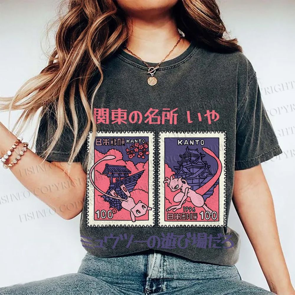 Unisex Japanese Art Stamp Printed Washed Tee