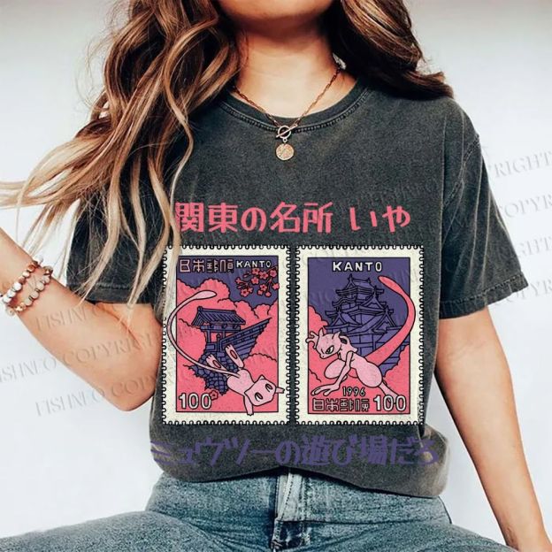 Unisex Japanese Art Stamp Printed Washed Tee
