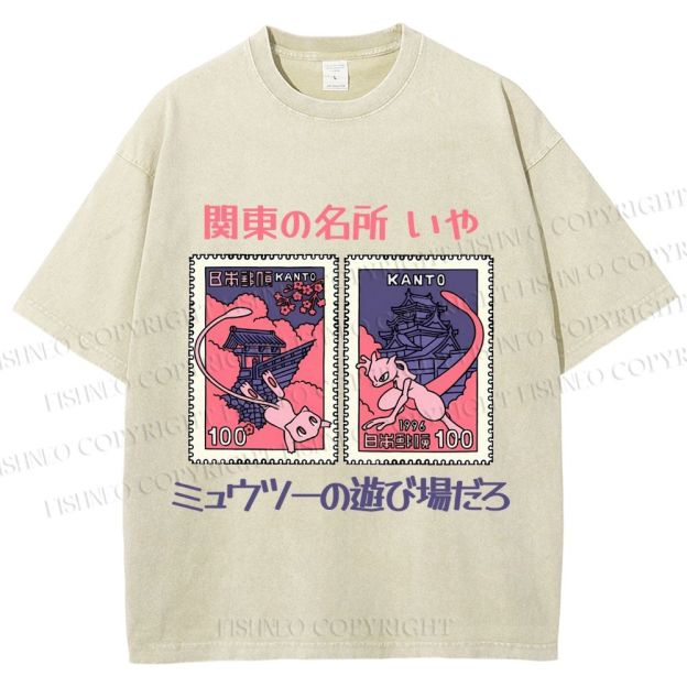 Unisex Japanese Art Stamp Printed Washed Tee