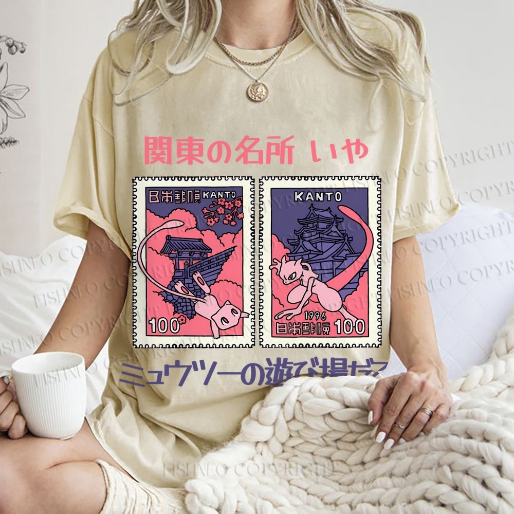 Unisex Japanese Art Stamp Printed Washed Tee