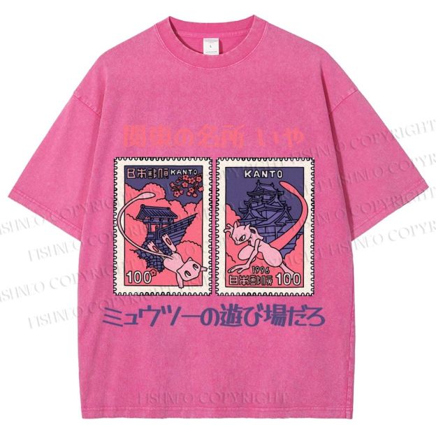 Unisex Japanese Art Stamp Printed Washed Tee