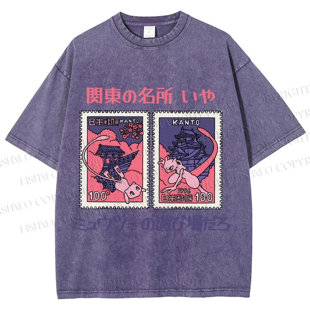Unisex Japanese Art Stamp Printed Washed Tee