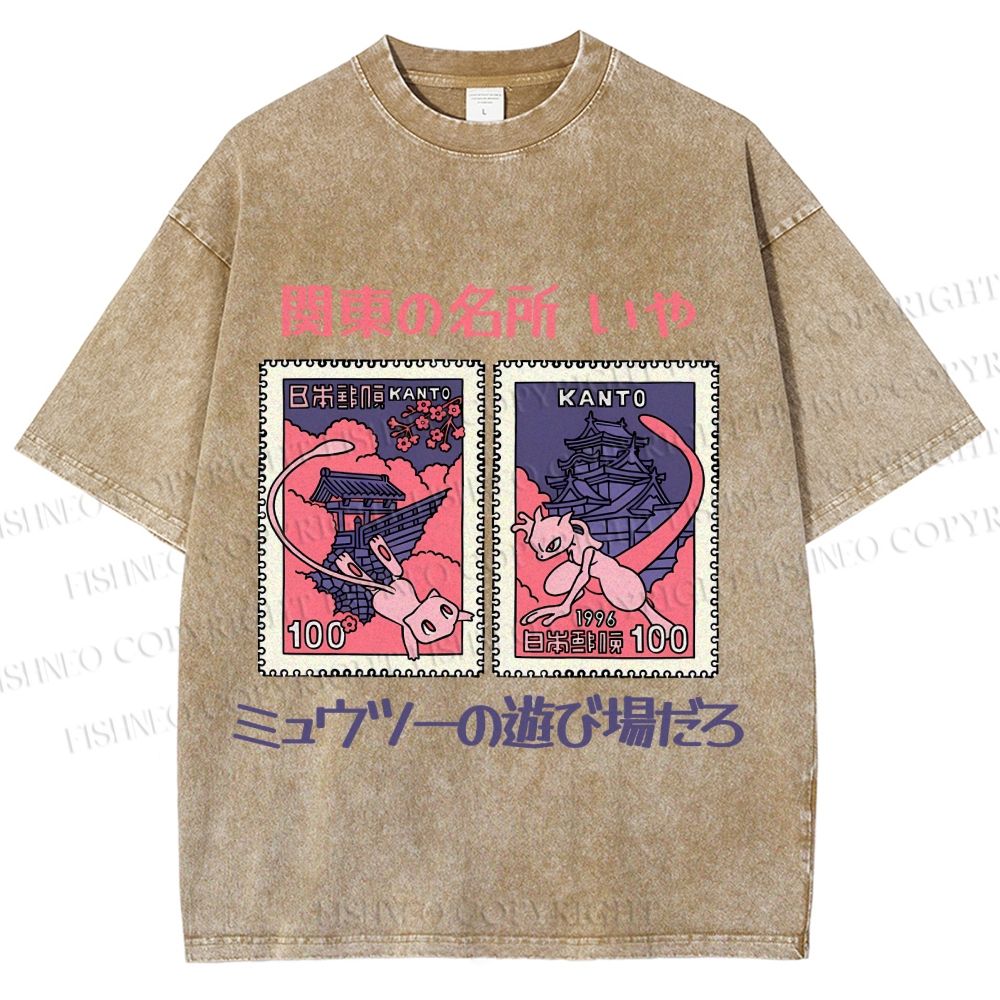 Unisex Japanese Art Stamp Printed Washed Tee