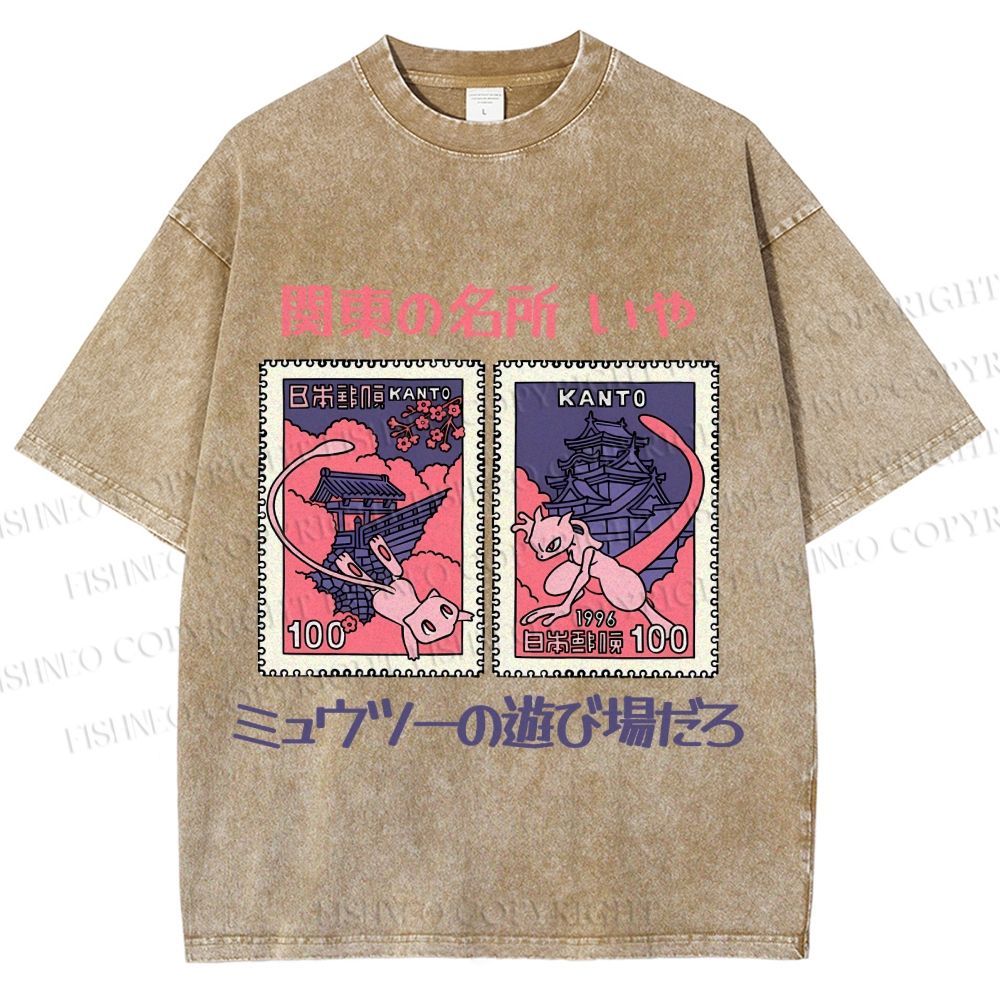 Unisex Japanese Art Stamp Printed Washed Tee
