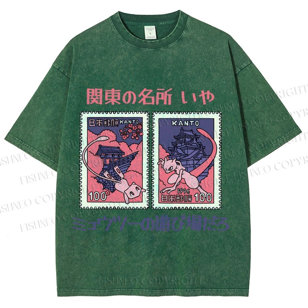 Unisex Japanese Art Stamp Printed Washed Tee
