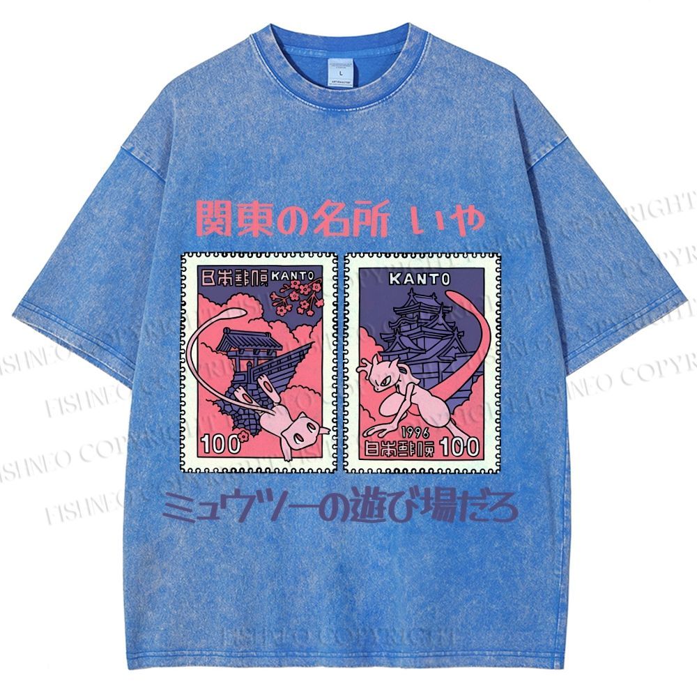 Unisex Japanese Art Stamp Printed Washed Tee