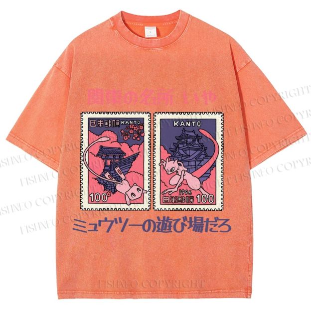 Unisex Japanese Art Stamp Printed Washed Tee