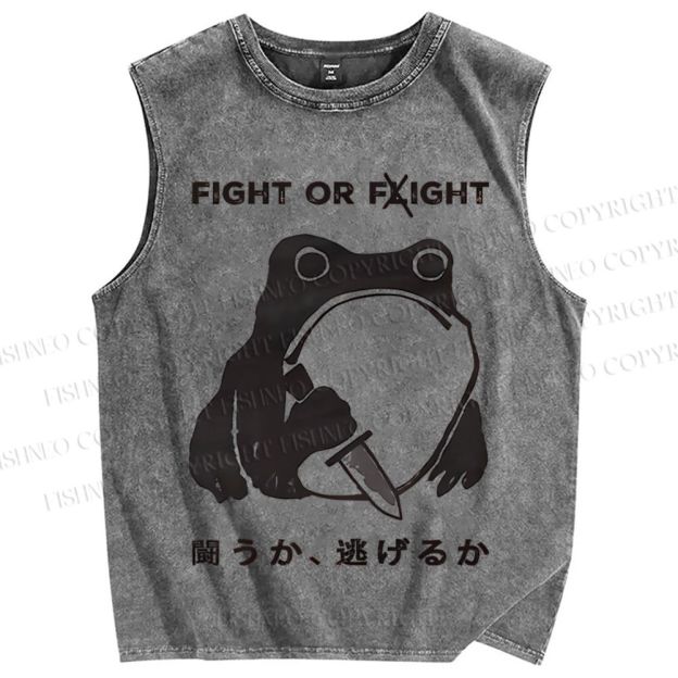 Unisex Fight Or Flight Funny Frog Printed Washed Tank Top