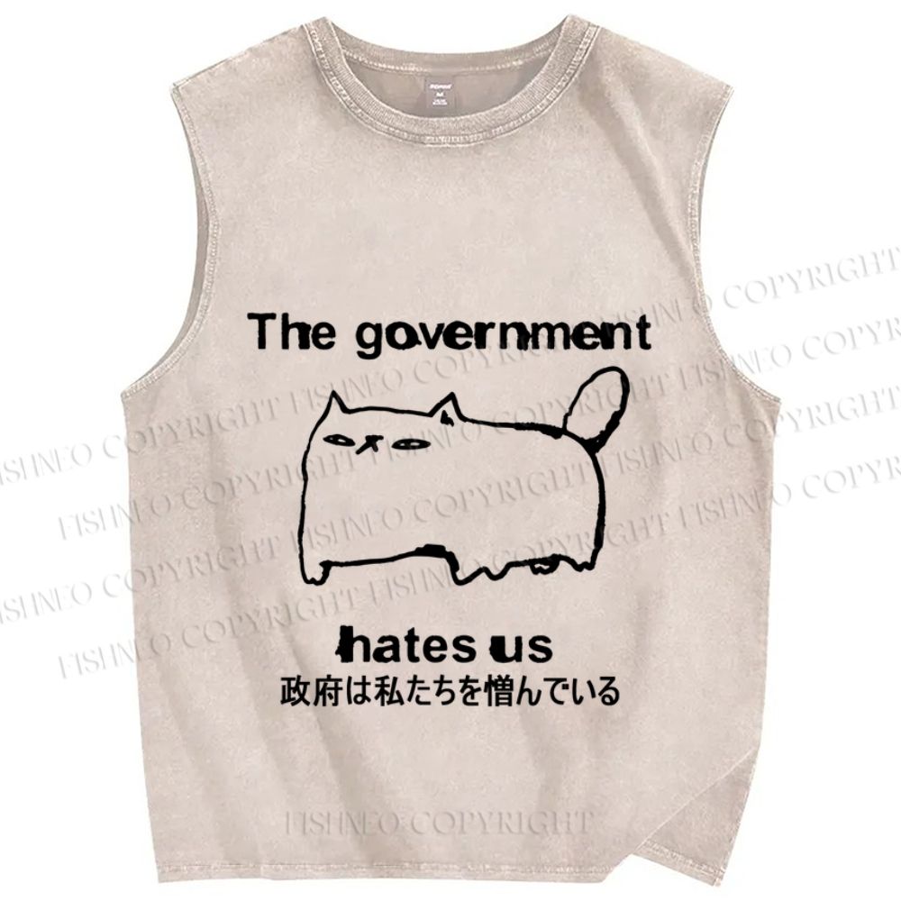 Unisex The government hate us Cat Printed Washed Tank Top