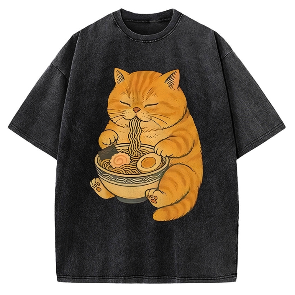 Orange Cat Eating Ramen Vintage Washed T-shirt