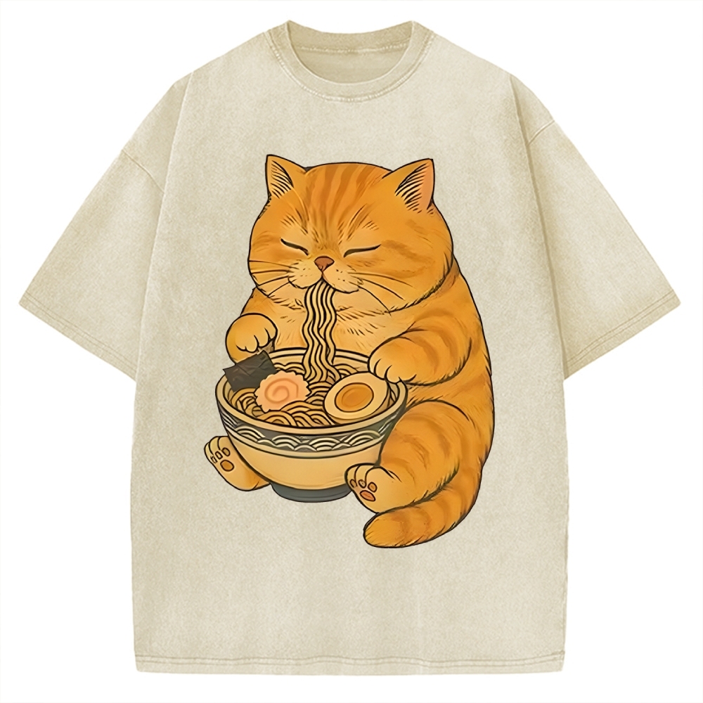 Orange Cat Eating Ramen Vintage Washed T-shirt