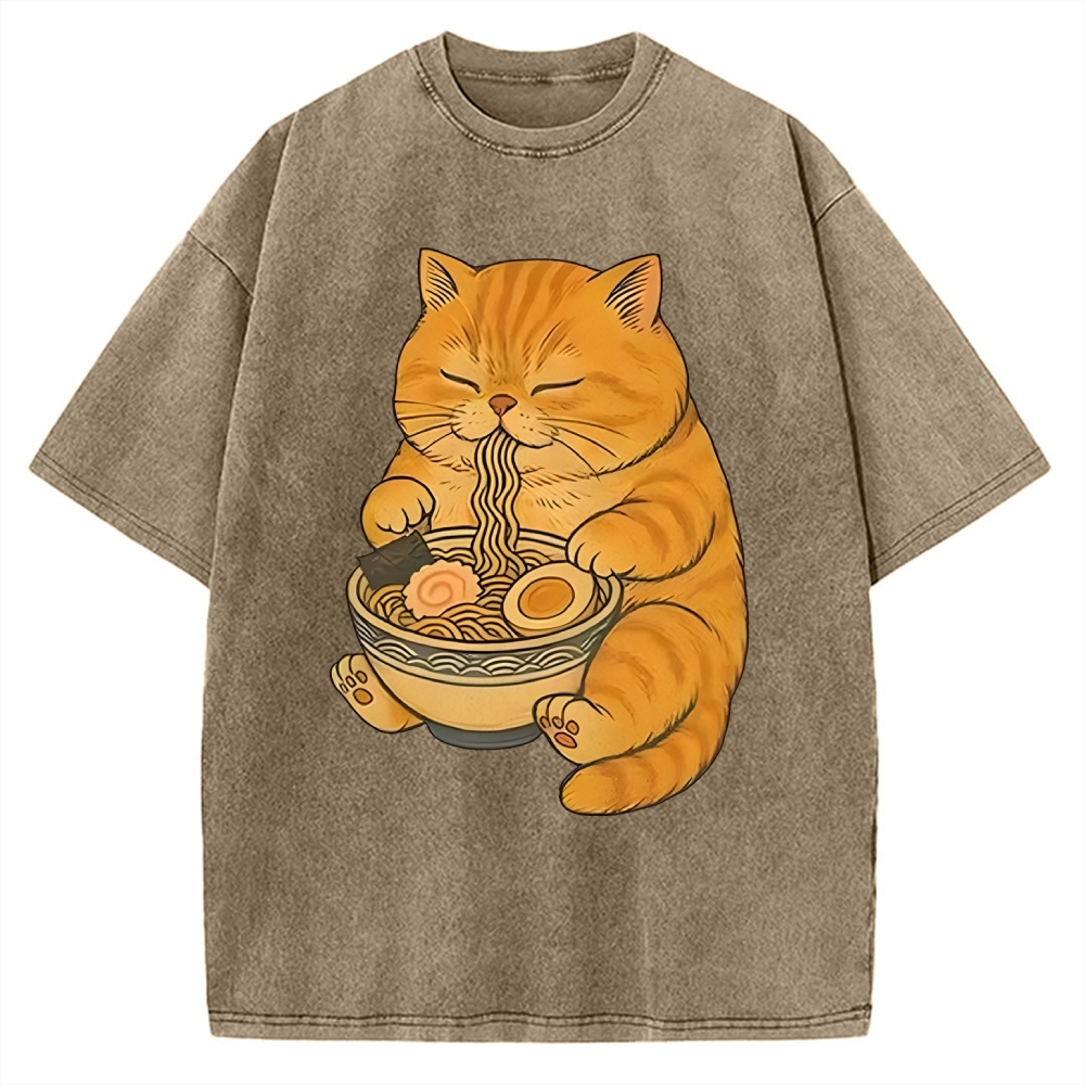 Orange Cat Eating Ramen Vintage Washed T-shirt