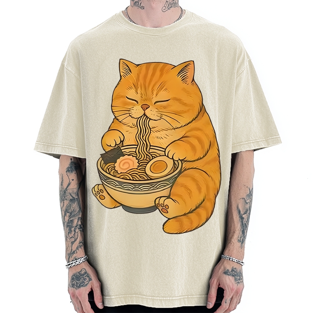 Orange Cat Eating Ramen Vintage Washed T-shirt