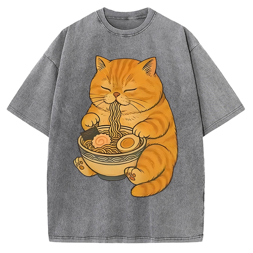 Orange Cat Eating Ramen Vintage Washed T-shirt