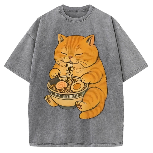 Orange Cat Eating Ramen Vintage Washed T-shirt