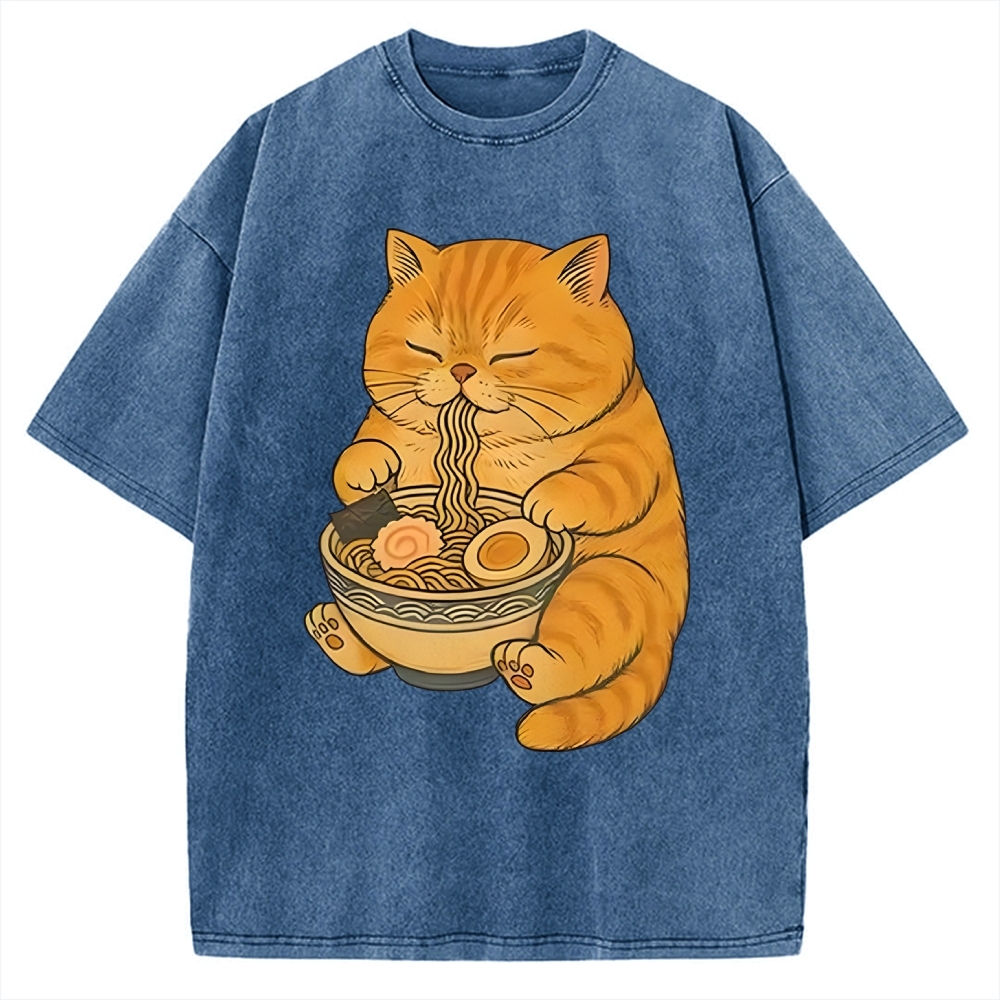 Orange Cat Eating Ramen Vintage Washed T-shirt