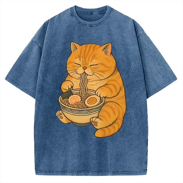 Orange Cat Eating Ramen Vintage Washed T-shirt