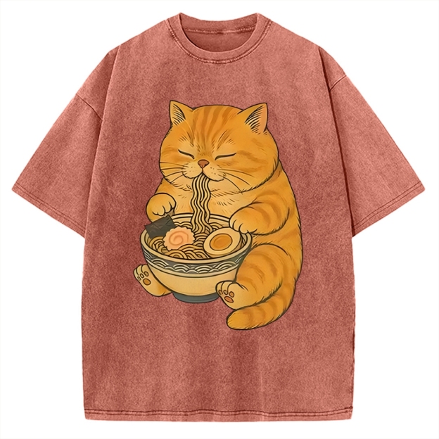Orange Cat Eating Ramen Vintage Washed T-shirt