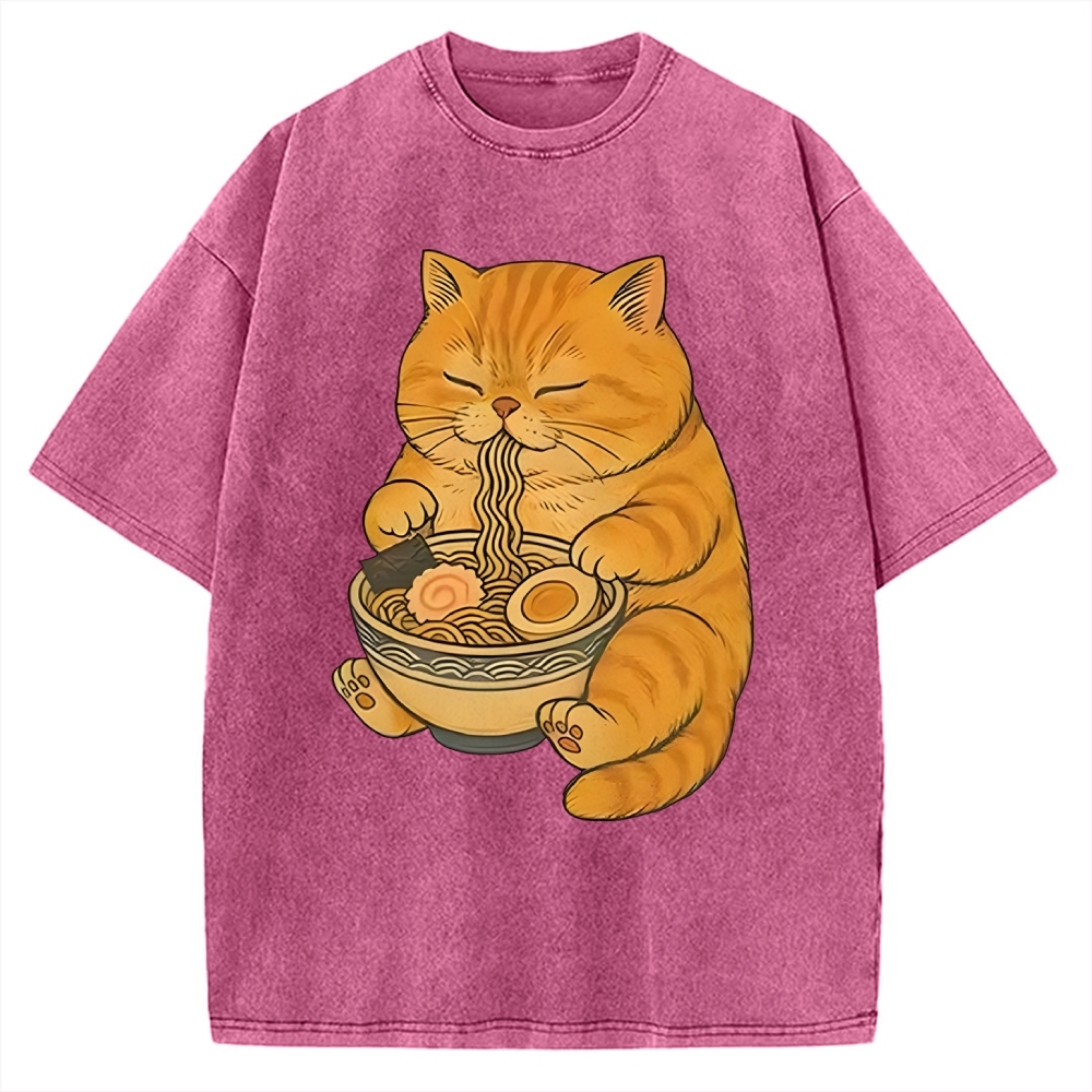 Orange Cat Eating Ramen Vintage Washed T-shirt