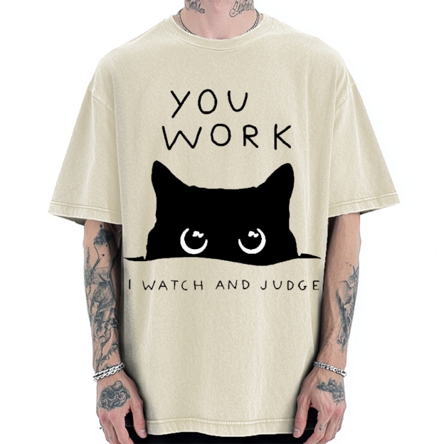 Black Cat Watching Your Work Vintage Washed T-shirt