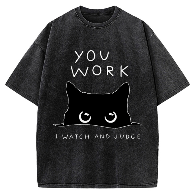 Black Cat Watching Your Work Vintage Washed T-shirt