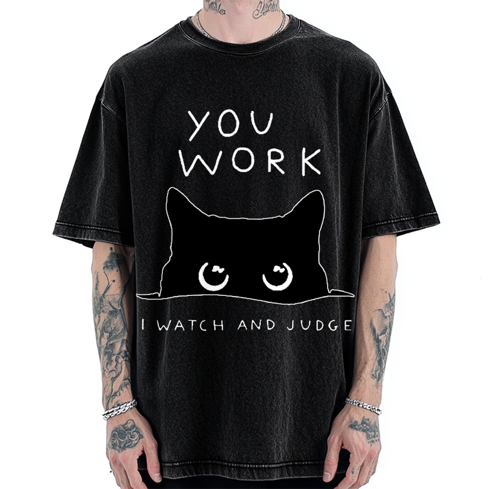 Black Cat Watching Your Work Vintage Washed T-shirt