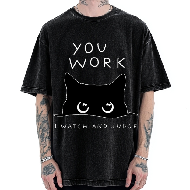Black Cat Watching Your Work Vintage Washed T-shirt