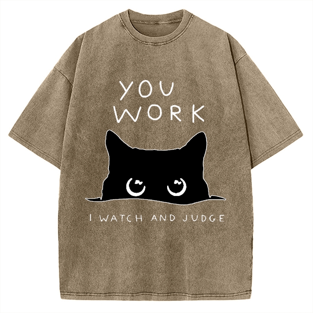 Black Cat Watching Your Work Vintage Washed T-shirt