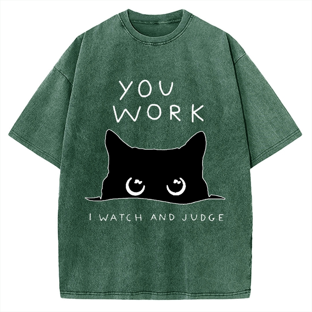 Black Cat Watching Your Work Vintage Washed T-shirt
