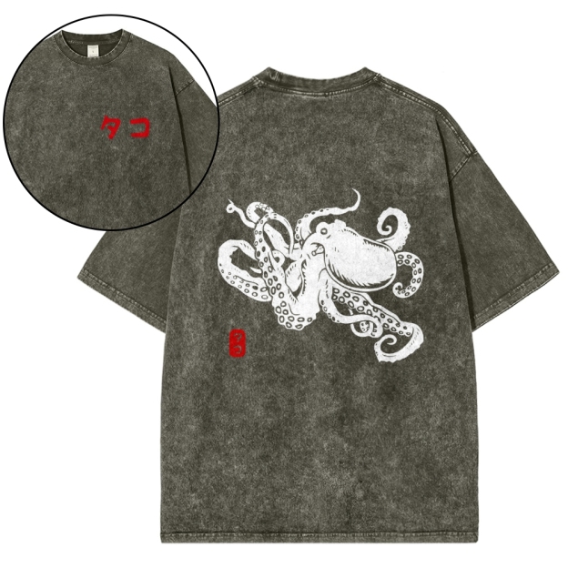 Octopus Vintage Wash Japanese Design Back Art T-Shirt