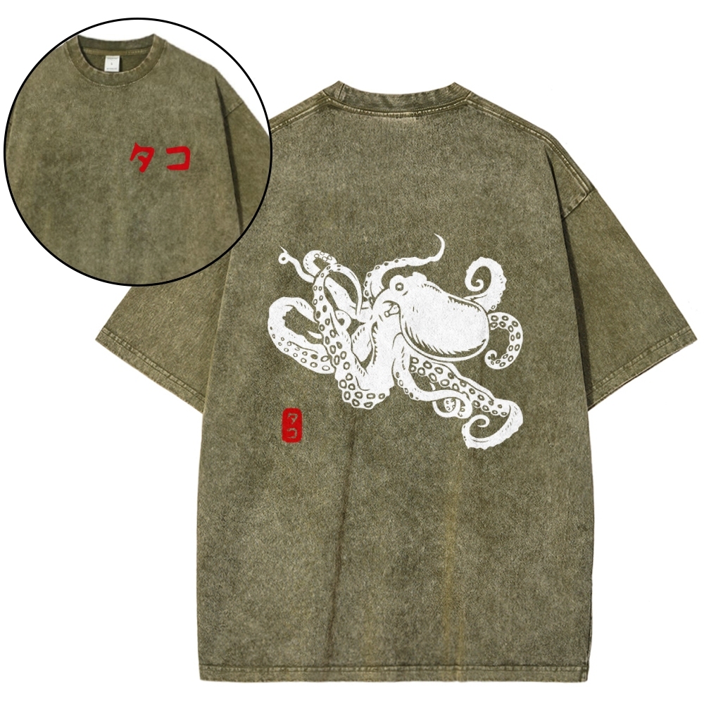 Octopus Vintage Wash Japanese Design Back Art T-Shirt