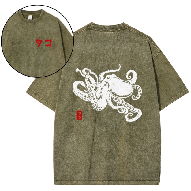 Octopus Vintage Wash Japanese Design Back Art T-Shirt