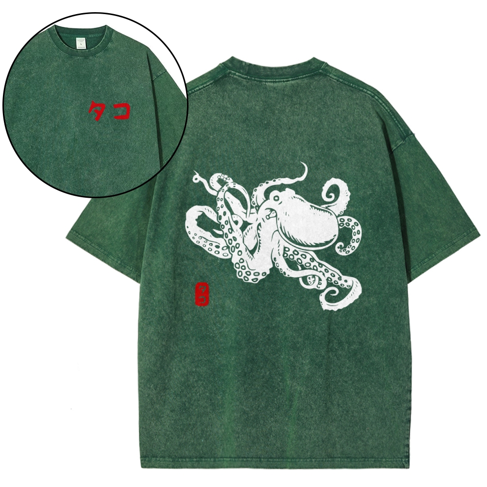 Octopus Vintage Wash Japanese Design Back Art T-Shirt