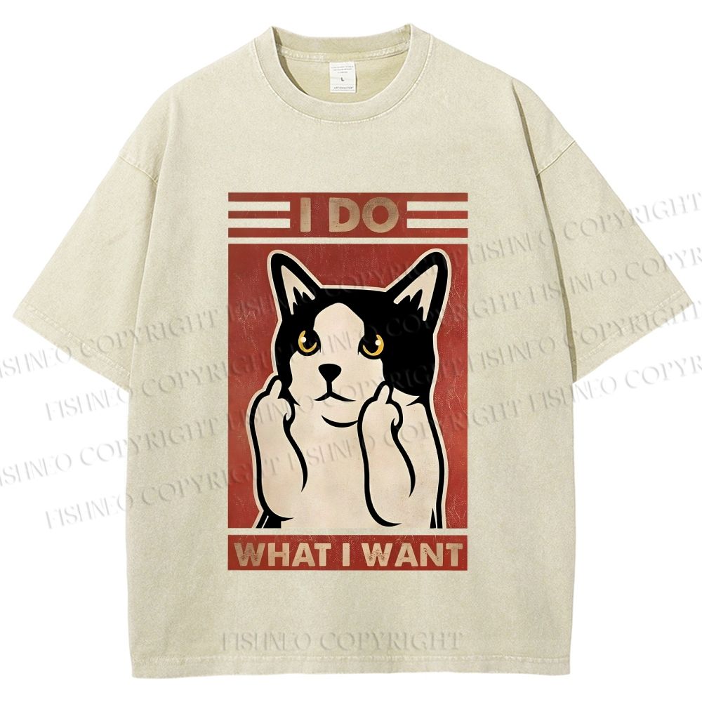 Unisex I Do What I Want Vintage Cat Printed Washed Tee