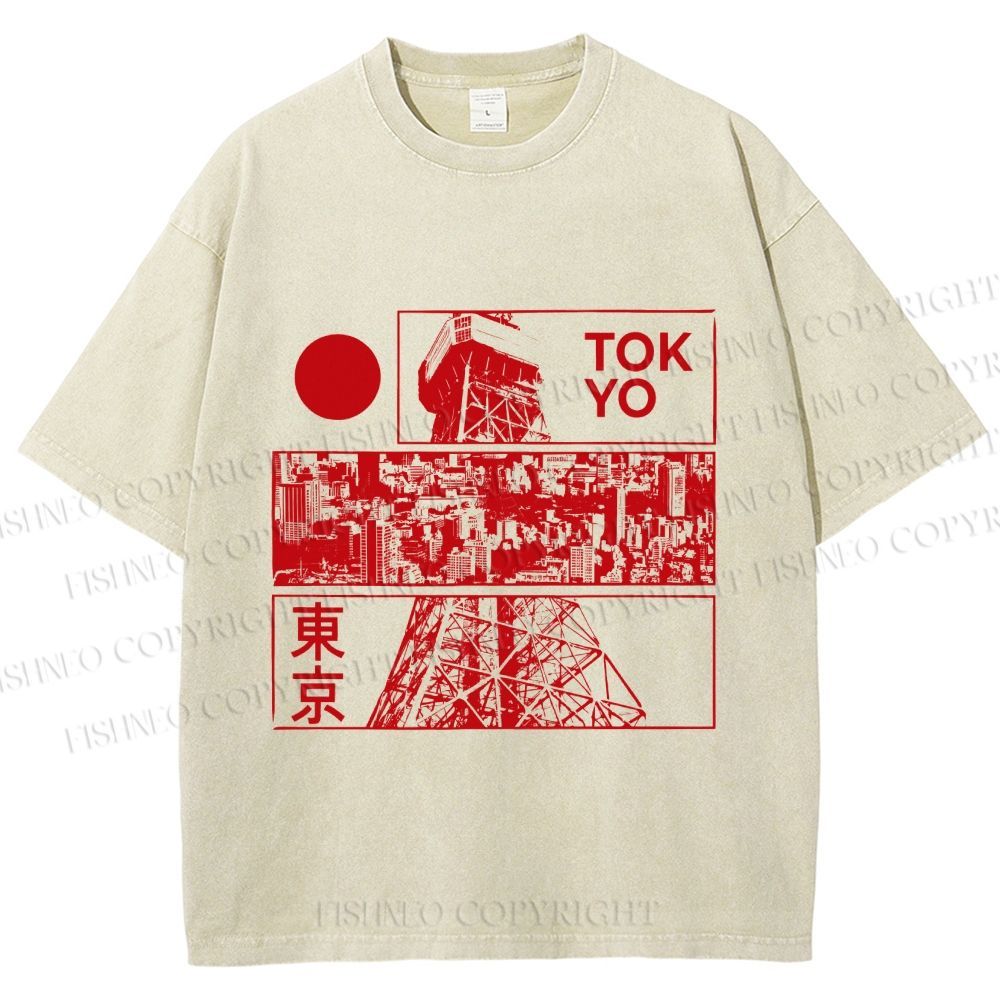 Unisex Japanese Tokyo Printed Washed Tee