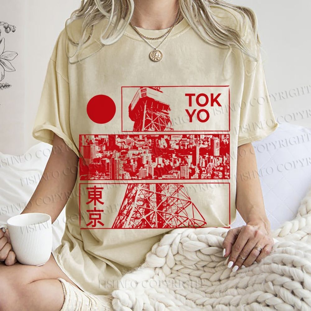 Unisex Japanese Tokyo Printed Washed Tee