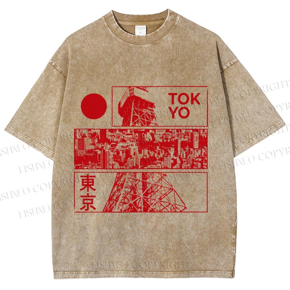 Unisex Japanese Tokyo Printed Washed Tee