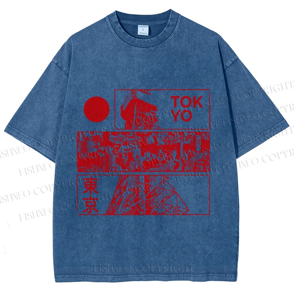 Unisex Japanese Tokyo Printed Washed Tee