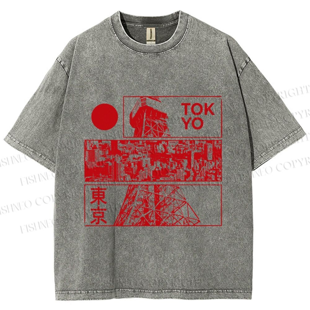 Unisex Japanese Tokyo Printed Washed Tee