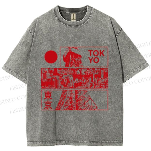 Unisex Japanese Tokyo Printed Washed Tee