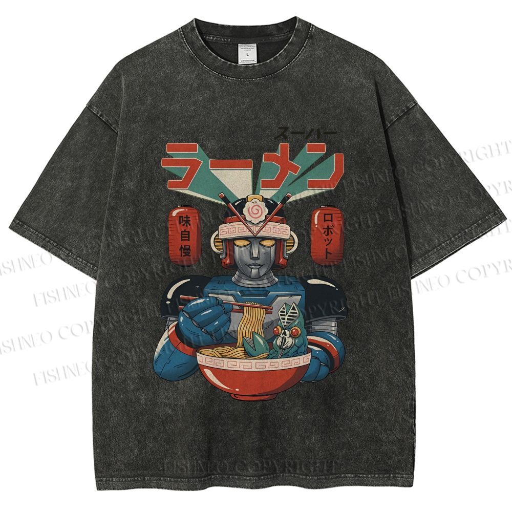 Unisex Vintage Japanese Ramen Senshi Printed Washed Tee