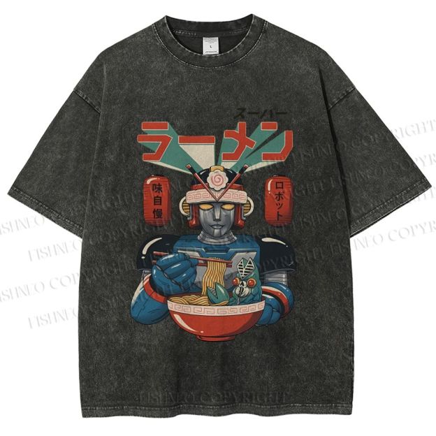 Unisex Vintage Japanese Ramen Senshi Printed Washed Tee