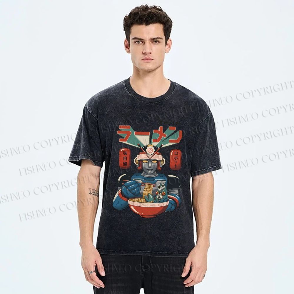Unisex Vintage Japanese Ramen Senshi Printed Washed Tee