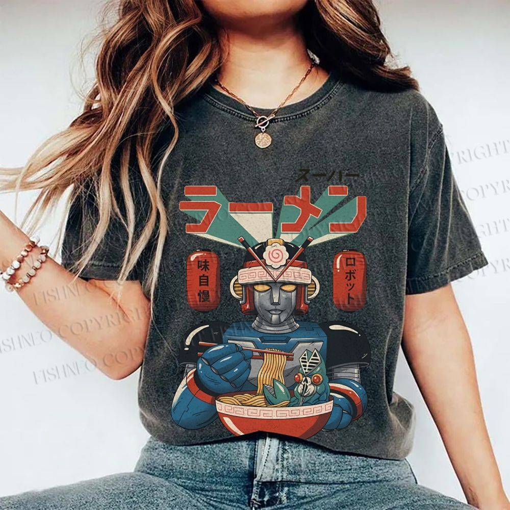 Unisex Vintage Japanese Ramen Senshi Printed Washed Tee