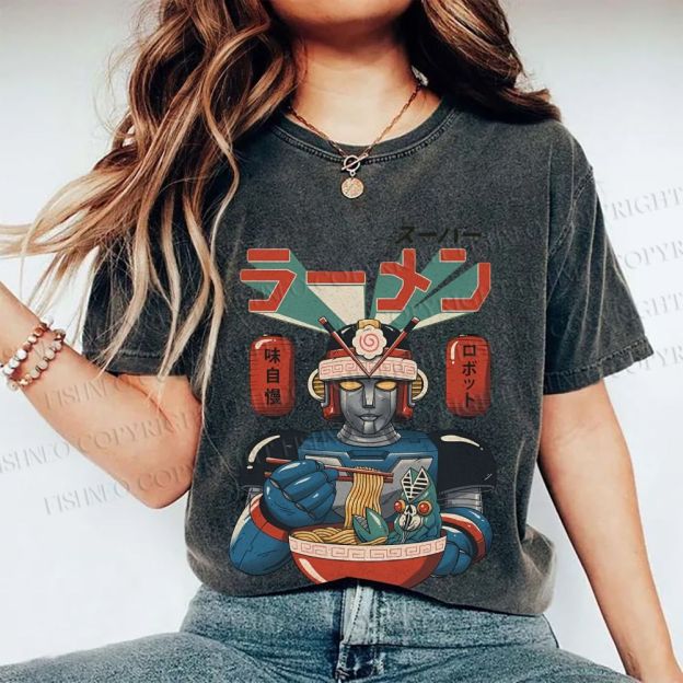 Unisex Vintage Japanese Ramen Senshi Printed Washed Tee